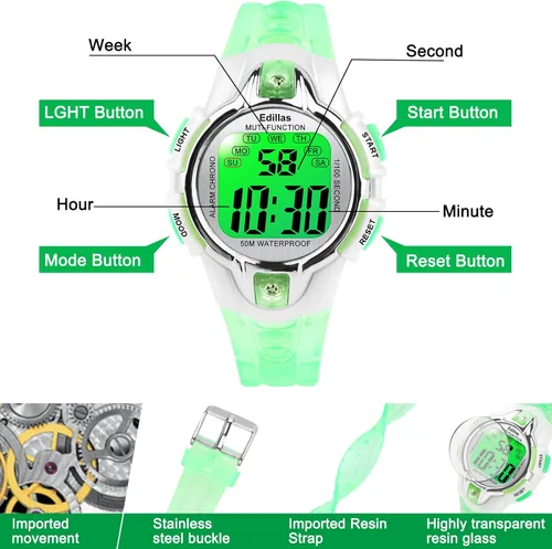 Vista 6 de Edillas Relojes digitales para niñas y niños, reloj de pulsera de 7 colores para niños, impermeable, deportivo, al aire libre, multifuncional