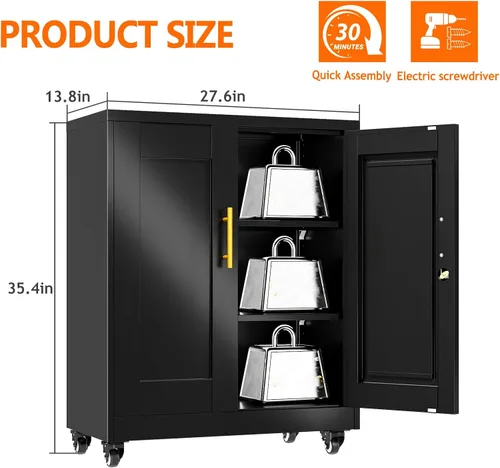Vista 3 de Metal Garage Storage Cabinet, 36” Lockable Rolling Cabinet Black