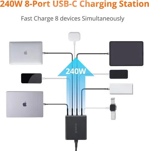 Vista 2 de Cargador GaN de 8 puertos mejorado de 240 W, concentrador de carga USB, estación de carga USB C, concentrador de carga USB-C para MacBook