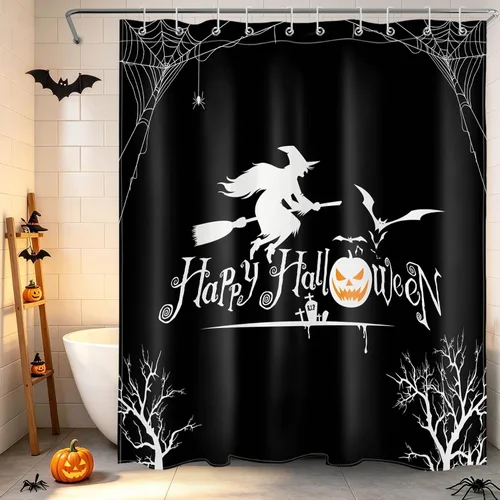 Vista 46 de HVEST Cortina de ducha con ganchos, calabaza espeluznante y fantasma con sombrero de bruja negro, juego de cortina de ducha naranja con flores