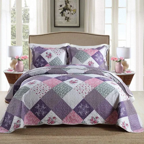 Vista 20 de NEWLAKE Juego de colchas tamaño queen, conjunto de colcha de algodón con diseño de retazos en colores azul y negro con patrones a cuadros, colcha