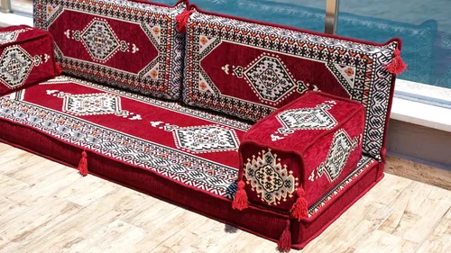 Vista 4 de arabicsofa Sofá de asiento de piso árabe granate - Juego Majlis hecho a mano para habitación de invitados