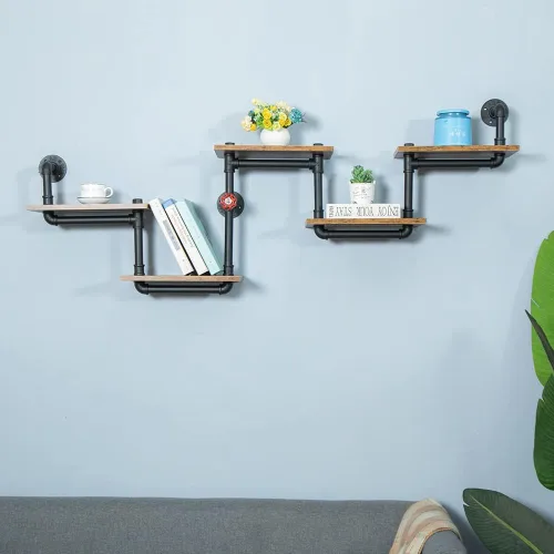 Vista 7 de Estantería de tubería industrial, estantes de tubería con tablones de madera, estantes flotantes montados en la pared, estante industrial rústico