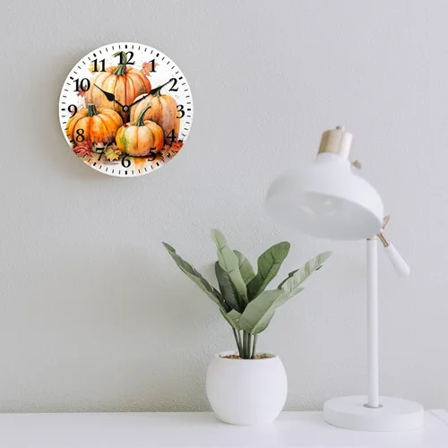 Vista 6 de Reloj de pintura de tinta acuarela amarillo verde calabazas hojas redondo creativo reloj decorativo sin tictac Acción de Gracias o Halloween reloj