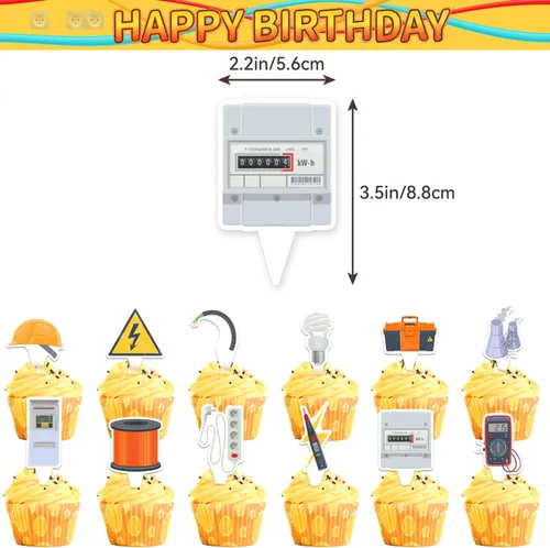 Vista 5 de Decoraciones de fiesta de electricista, electricista, liniero, decoraciones temáticas incluye pancarta de feliz cumpleaños, decoración de tartas
