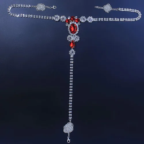 Vista 3 de Tanga sexy con diamantes de imitación rojos, cintura de cristal, bikini, cadena corporal, joyería de diamantes de imitación, cadena de tanga