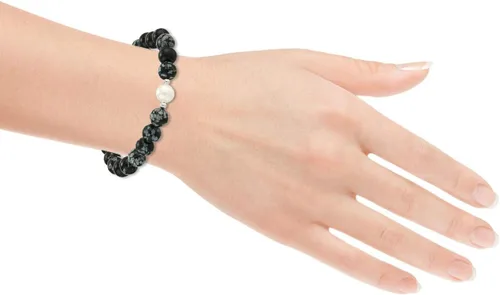 Vista 2 de Gema Genuina con acento blanco agua dulce cultivadas perla pulsera elástica de abalorio, 6.5