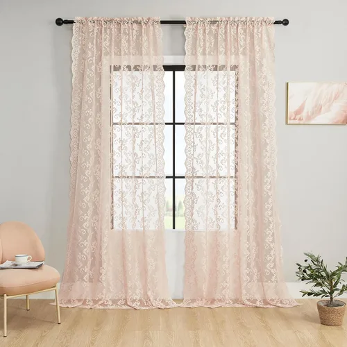 Vista 24 de Cortinas de encaje floral victoriano transparentes - 45 pulgadas de largo, 2 paneles, bolsillo para barra de cocina estilo cafetería, filtro de luz