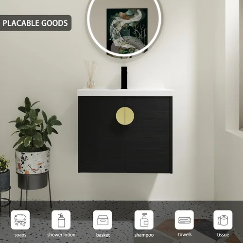 Vista 8 de Tocador de baño de 24 pulgadas con lavabo, juego de tocador flotante Mordern con mango de metal dorado y parte superior de fregadero de cerámica