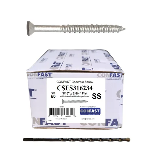 Vista 16 de CONFAST Tornillos para concreto de 1/4" x 1-3/4" de acero inoxidable 410 Phillips planos con cabeza cuadrada cóncava con broca para anclaje a