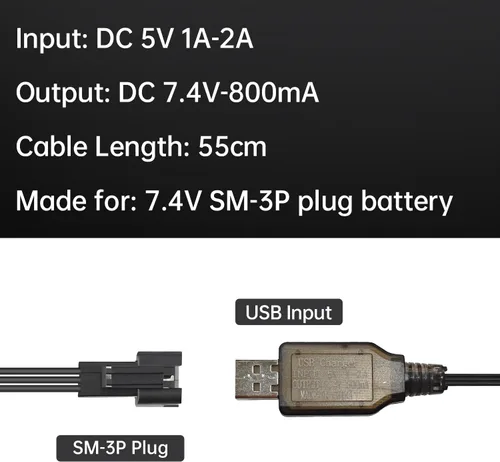 Vista 5 de 2 cables de carga USB de 7.4 V 800 mA con conector de enchufe SM-3P para excavadora RC, camión, tanque, vehículo de ingeniería Huina 1575 RC, auto