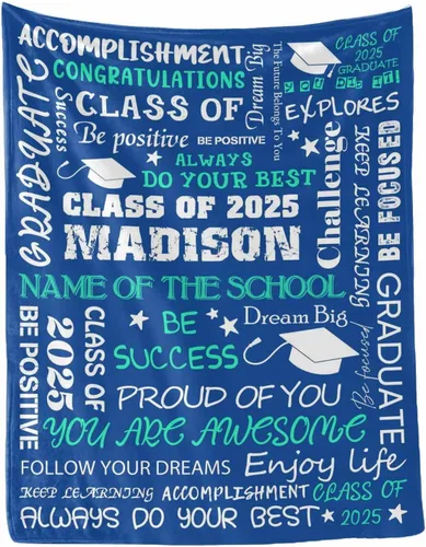 Vista 24 de MyPupSocks Manta personalizada de graduación 2025, clase de con nombre de la universidad, regalos personalizados, manta con texto para sobrina
