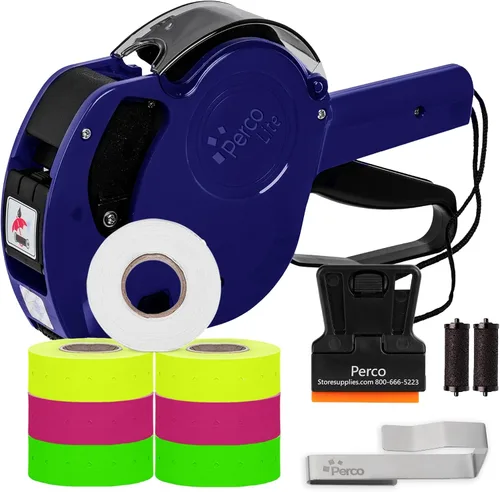 Vista 14 de Perco Lite - Pistola de precio de 1 línea con etiquetas, el kit incluye 3 rollos blancos, 3 rollos azules, 2 rodillos de tinta, 1 rollo de tinta