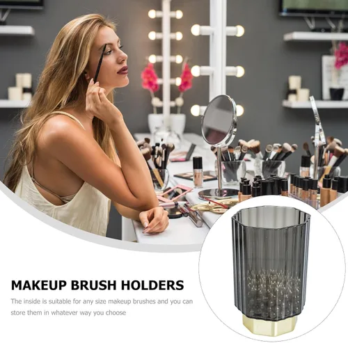 Vista 7 de HOMSFOU Vintage Scandinavian Gold-edged Glass Brush Holder, Gray Makeup Brush Organizer and Pencil Cup, Desk Pen Holder for Office Supplies and
