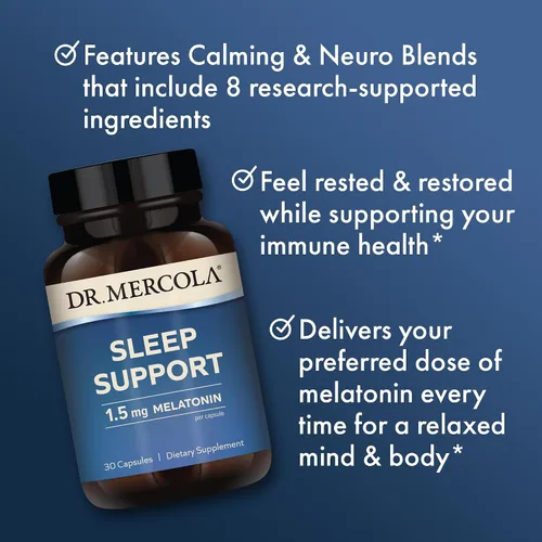 Vista 4 de Dr. Mercola Apoyo para dormir con melatonina - Apoya el sueño reparador y la relajación - Melatonina con L-teanina, 5-HTP, GABA - 30 Cápsulas - 1.5