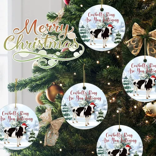Vista 7 de Adorno redondo de cerámica de 3 pulgadas con diseño de campanillas de recuerdo de animales y vacas, colgante de árbol de nieve para adornos de árbol