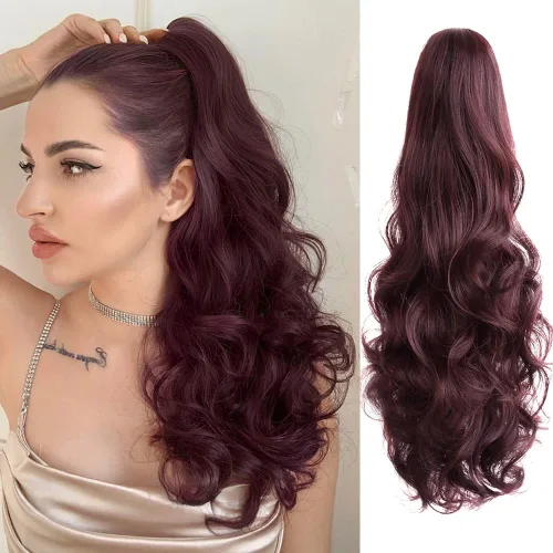 Vista 26 de Extensión de cola de caballo de garra negra natural ondulada de 16 pulgadas, extensiones de cabello sintético rizado con clip, extensiones