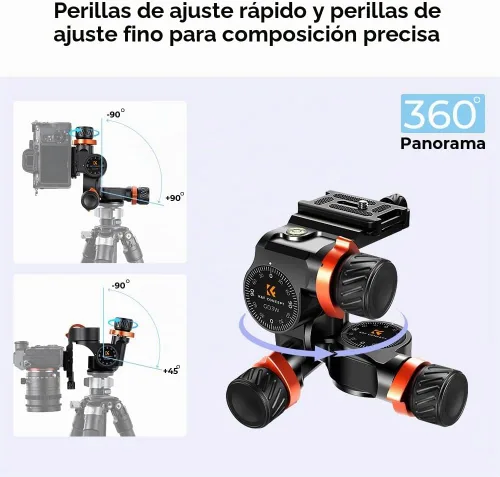 Vista 3 de K&F CONCEPT Cabezal de trípode con engranaje de 3 vías