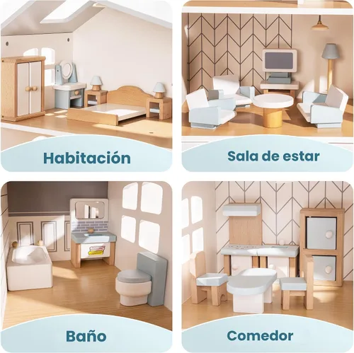 Vista 2 de ROBOTIME Muebles para Casa de Muñecas, Juego de Muebles de Madera para Casa de Muñecas, Set de 23 Piezas de Accesorios y Muebles para Casa