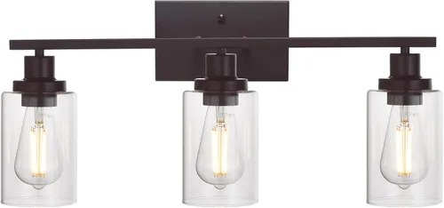 Vista 9 de MELUCEE Aplique de pared negro industrial vintage de 2 luces con pantalla de vidrio transparente y base de metal, luces de tocador de baño, apliques