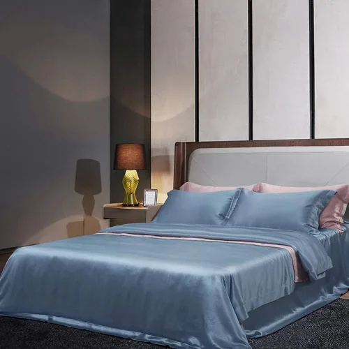 Vista 8 de Orose Juego de sábanas de seda Charmeuse de 4 piezas de 26 Momme sin costuras personalizadas Fundas de cama de seda de morera parte superior