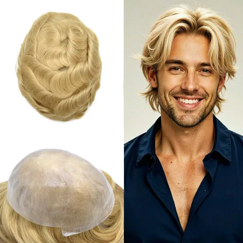 Vista 48 de Tupé de piel ultra fina para hombres pieza de cabello humano real sistema de reemplazo 0.002 in Mens Toupee Hairpiece para hombres V-Loop 8x10 80%