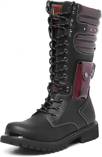 Vista 2 de Tebapi Botas de motocicleta para hombre, de cuero para mochileros, de media pantorrilla, militares, tácticas, botas de combate, con hebilla