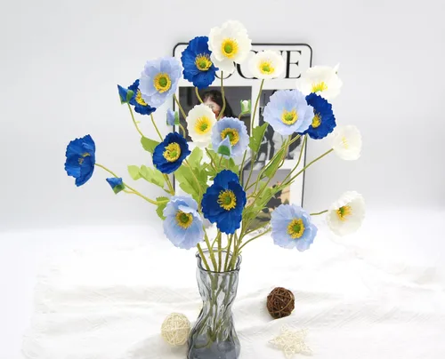 Vista 4 de FERIAL 6 flores de amapola artificiales de seda con tallos de amapola sintética de tacto real para el hogar, cocina, centros de mesa, arreglo Blanco