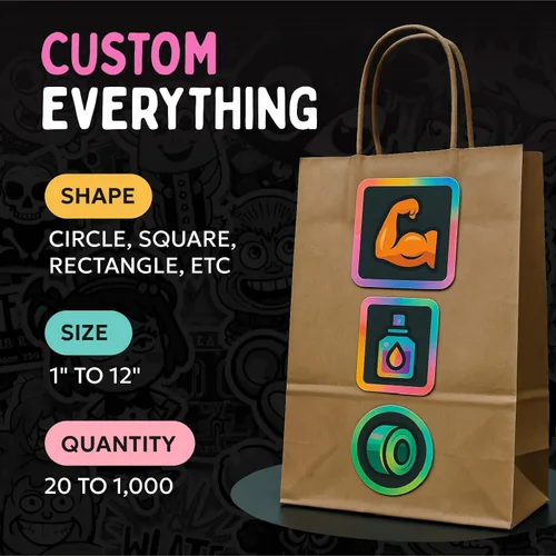 Vista 7 de Calcomanías personalizadas a granel Sube tu logotipo 20-1000 Tamaños de 2 a 12 pulgadas Adhesivo impermeable personalizado Calcomanías