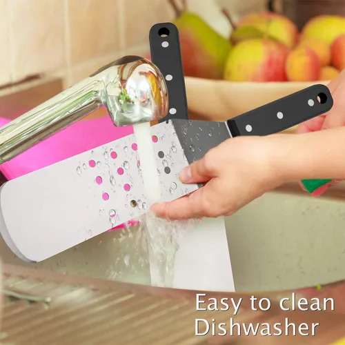 Vista 7 de HaSteeL Espátula de plancha de metal, acero inoxidable larga con mango remachado, girador de hamburguesas perforado resistente y sólido para cocinar