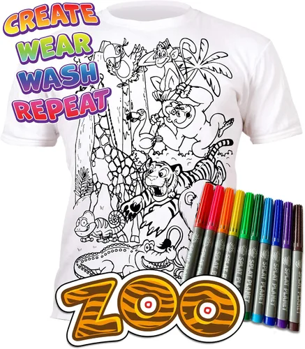 Vista 4 de Splat Planet Colorea en animales del zoológico, camiseta Jungle Safari con 10 bolígrafos mágicos lavables no tóxicos y lavables, Blanco, 3T