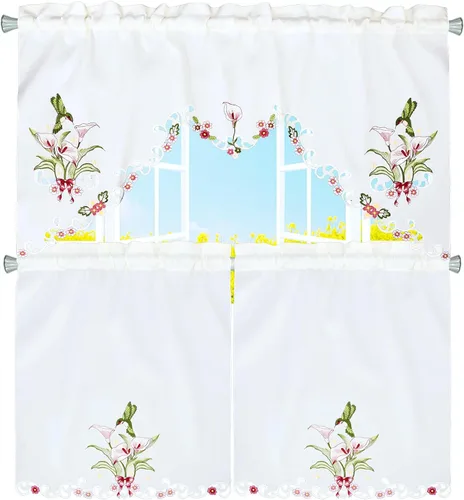 Vista 9 de Juego de cortinas bordadas de bastón de caramelo para ventana de cocina con cenefa y niveles para las fiestas navideñas (Bastón de caramelo)