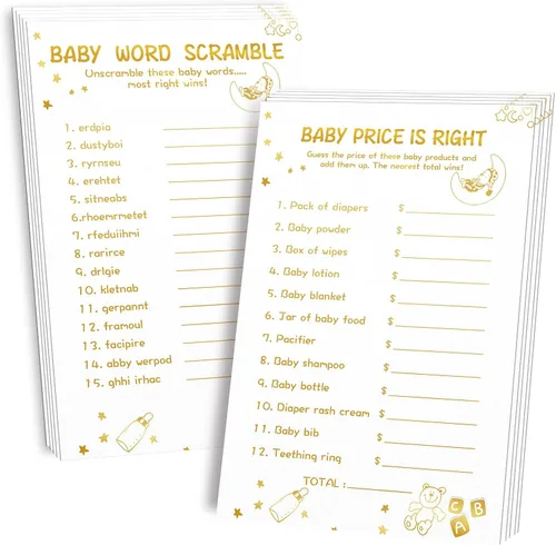 Vista 9 de OLOUTAB Juegos de Baby Shower para Niña - 2 Juegos (50 de Cada), Juego de Baby Shower Word Scramble y Price is Right, Doble Cara, Cartón Grueso