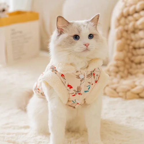 Vista 2 de Abrigo para perro, pijama de invierno para gatos, pequeños trajes de algodón floral para perro, chaqueta acolchada para perro, overol para mascotas