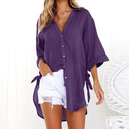 Vista 17 de Camisas de manga larga con botones para mujer, asimétricas, casuales, con cordones, túnica de gran
