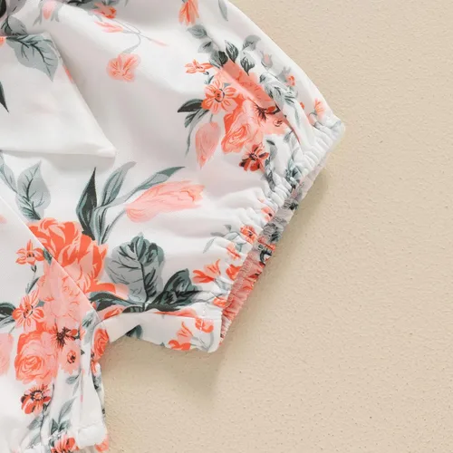 Vista 5 de Traje de tía para bebé recién nacida, camiseta de manga corta acanalada, pantalones cortos florales con diadema