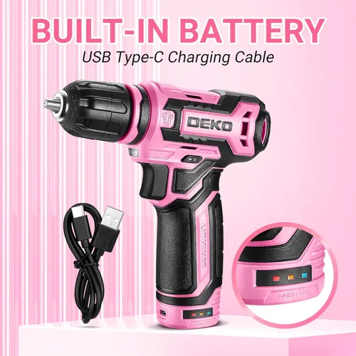 Vista 6 de Taladro inalámbrico: juego de taladro eléctrico DEKOPRO de 12 V con taladros eléctricos rosa de 800 RPM con caja de regalo, juego de taladro rosa