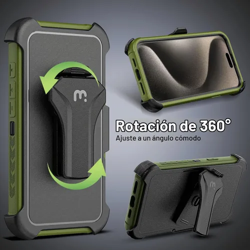 Vista 6 de M MYBAT PRO Funda 3 en 1 con soporte de metal (verde militar, 15 Pro Max)