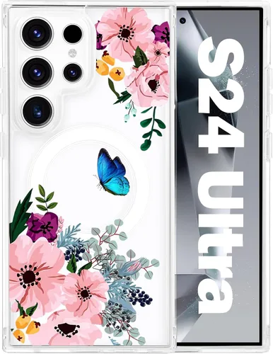 Vista 26 de Funda magnética para Samsung Galaxy S22 Ultra Flower, compatible con MagSafe, patrón floral transparente a prueba de golpes, parte trasera