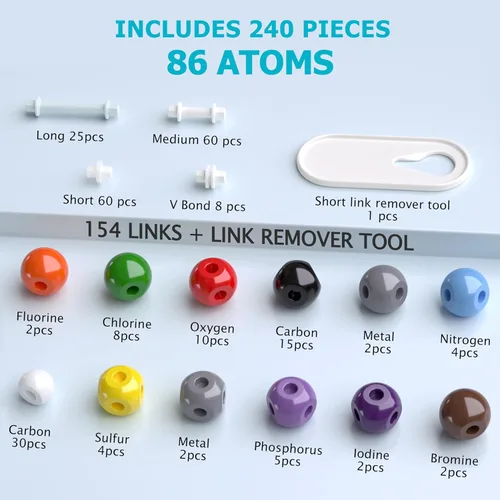 Vista 3 de Kit de modelo molecular, 240 piezas de química molecular orgánica, kit de modelo de elemento atómico para lecciones de química, kit de construcción