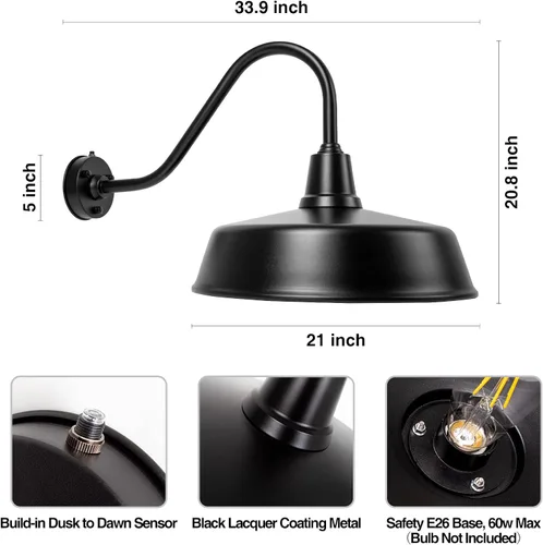 Vista 7 de 3 luces de granero de cuello de cisne de 21 pulgadas para exteriores, lámpara de pared exterior de granja para casa, sensor de atardecer a amanecer