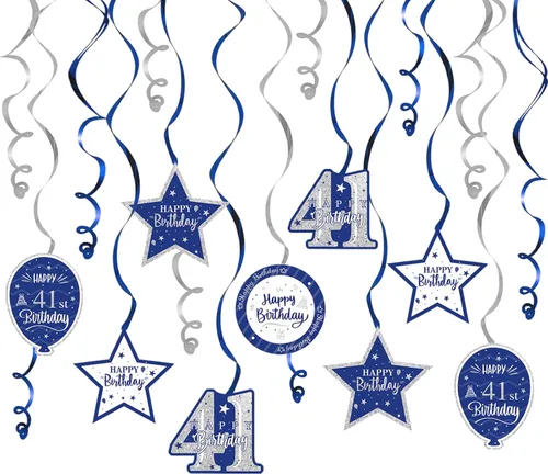 Vista 8 de Decoración de fiesta de serpentinas con purpurina azul y plateada de feliz 11º cumpleaños, 15 piezas de remolinos colgantes de 11 cumpleaños, cartel