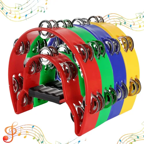 Vista 3 de Paquete de 4 panderetas de media luna para adultos, instrumentos musicales de percusión, pandereta de ritmo musical de doble fila para fiesta de KTV