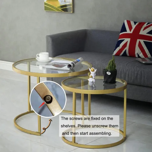 Vista 4 de Juego de 2 mesas de centro anidadas doradas, pequeñas mesas anidables de vidrio para sala de estar, dormitorio, mesa de té decorativa con marco