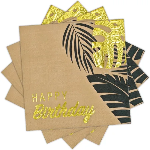 Vista 11 de DYLIVeS Servilletas de feliz cumpleaños, servilletas de papel de aluminio negro y dorado, servilletas de papel desechables para cena, picnic (Negro)