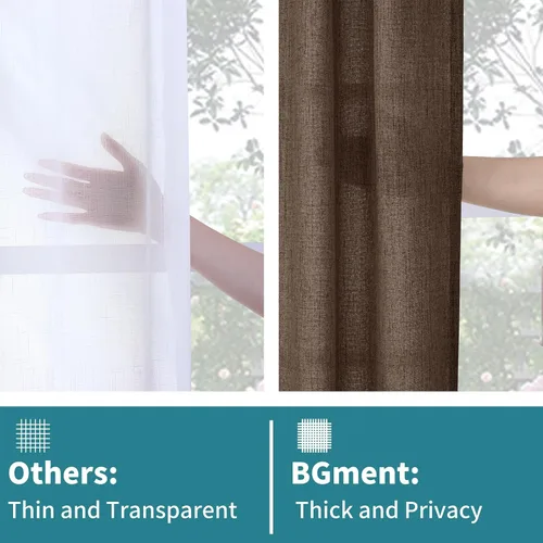 Vista 4 de BGment Cortinas cortas de lino marrón de 36 pulgadas de largo para ventanas, pequeñas cortinas de gasa semitransparentes para cocina, cafetería