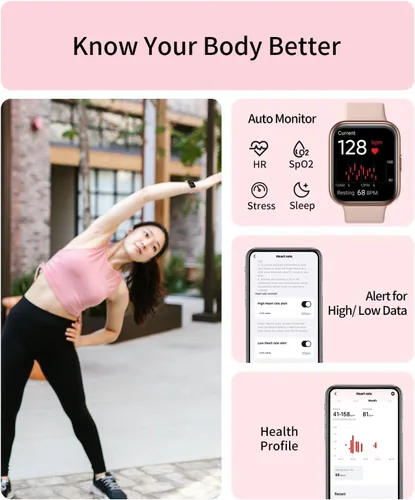 Vista 5 de RERE ASW2 - Reloj inteligente (respuesta/hacer llamada), Alexa integrado, rastreador de fitness de 1.69 pulgadas con 60 modos deportivos, frecuencia