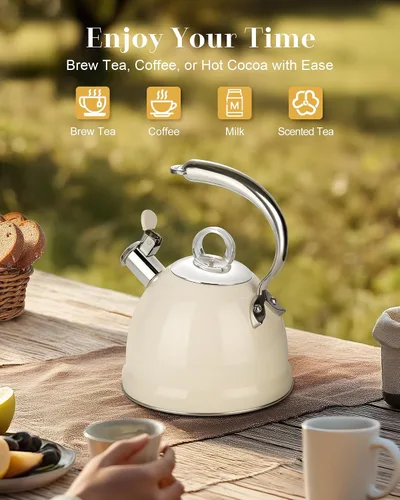 Vista 7 de Harriet Tetera para Estufa, Tetera Silbante de Acero Inoxidable de 2.5 Cuartos, Base de 3 Capas, Mango Ergonómico Único, Incluye Soporte para Olla