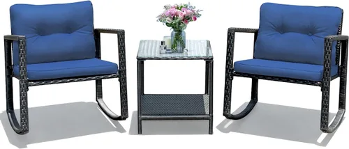 Vista 12 de Tangkula Juego de 3 mecedoras de mimbre para patio, mecedoras al aire libre y mesa con cojines, mesa de centro de cristal con estante