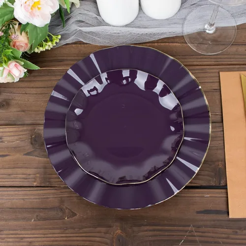 Vista 86 de Tableclothsfactory Paquete de 10 platos redondos de plástico negro de 6 pulgadas para ensalada de postre, platos desechables con borde ondulado